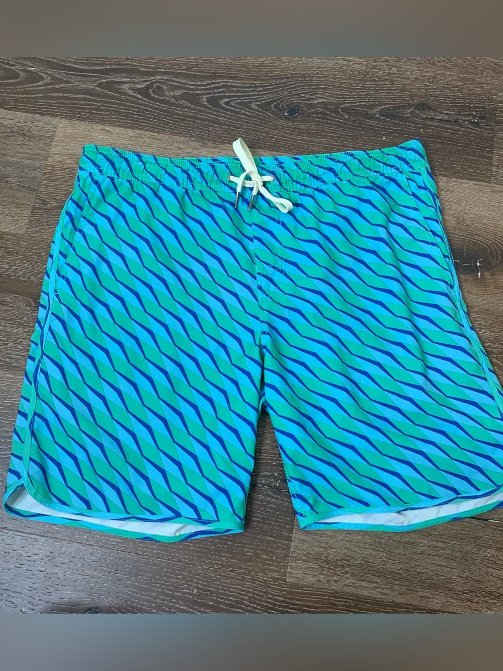 Fair Harbor Swim Trunks Mens Blue Geometric Board Shorts Drawstring L